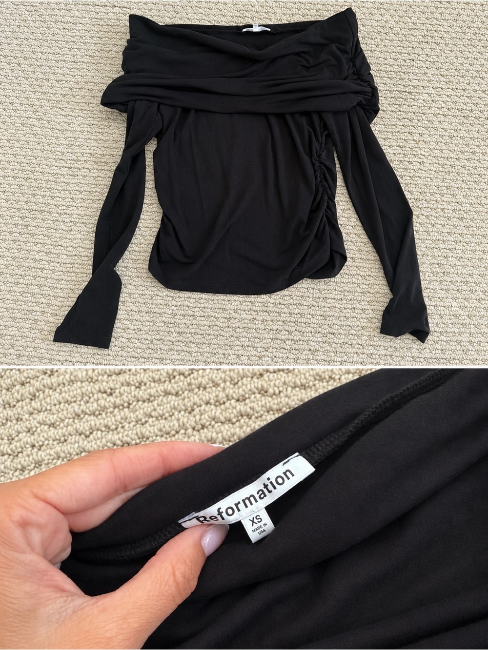 Reformation Black Off-Shoulder Draped Long Sleeve Top